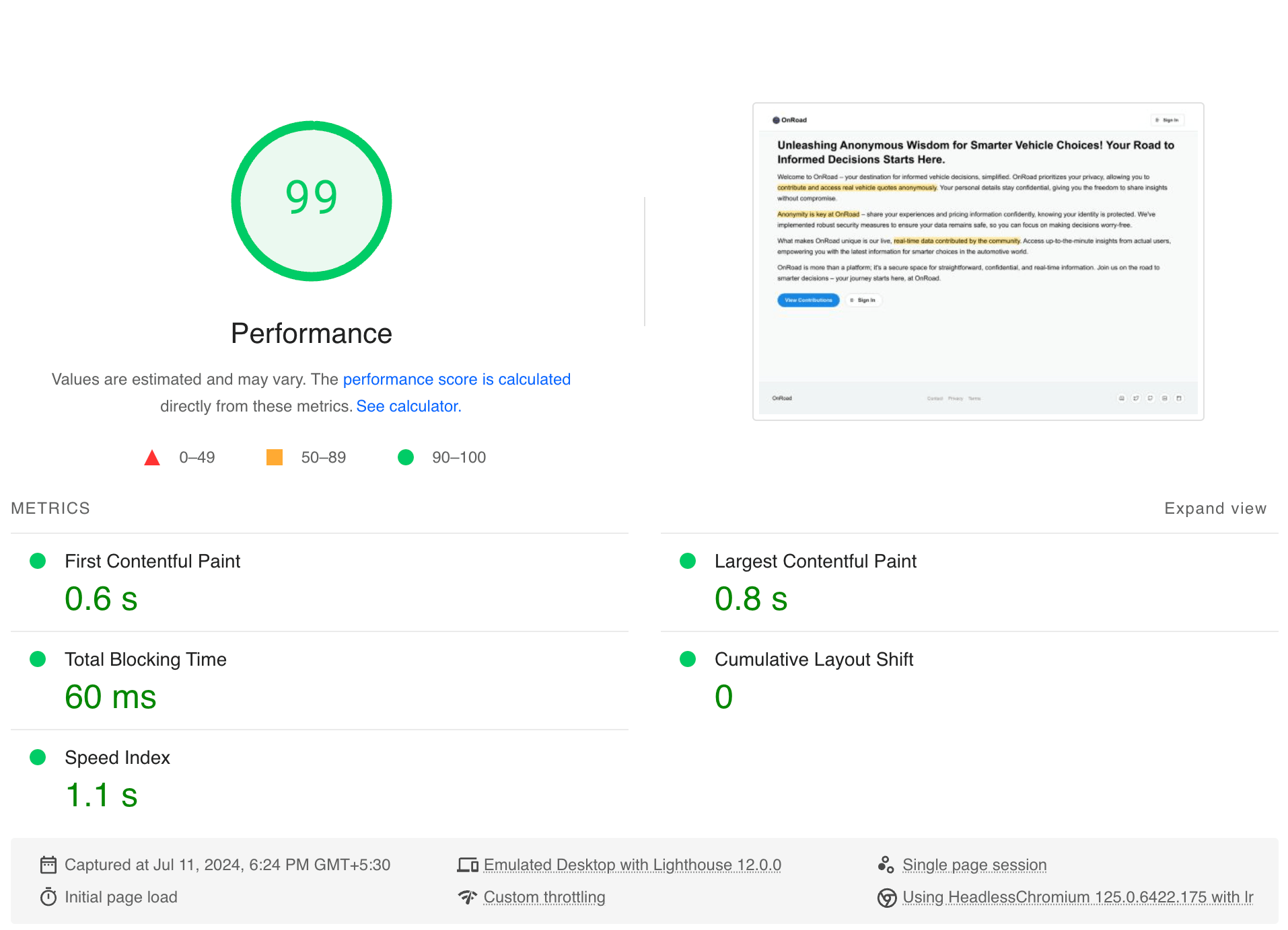 OnRoad Page Speed Insights